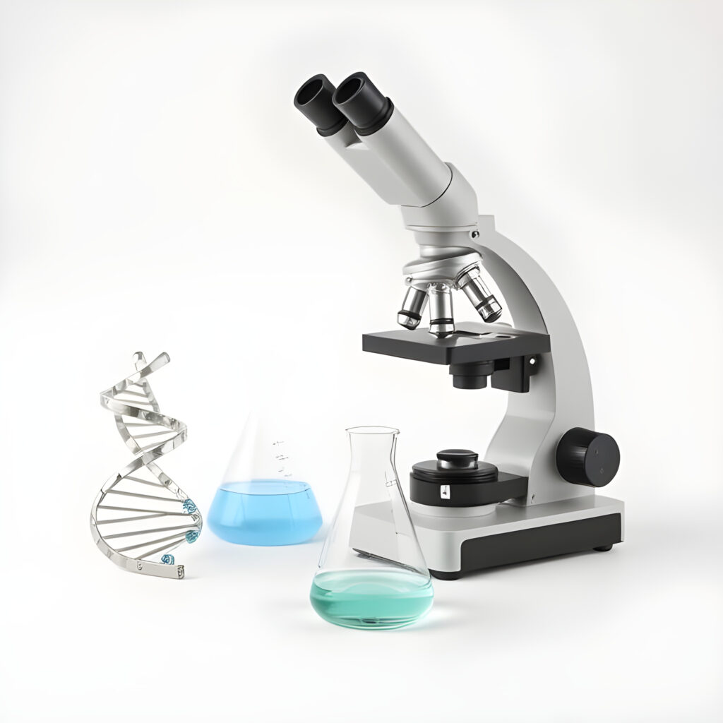 Science:A microscope, DNA helix, and a lab flask