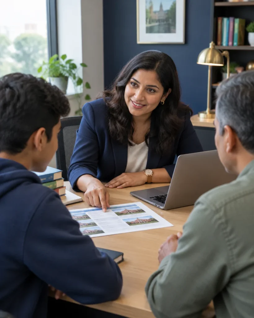 A counsellor going through a college shortlist with a student and his father
