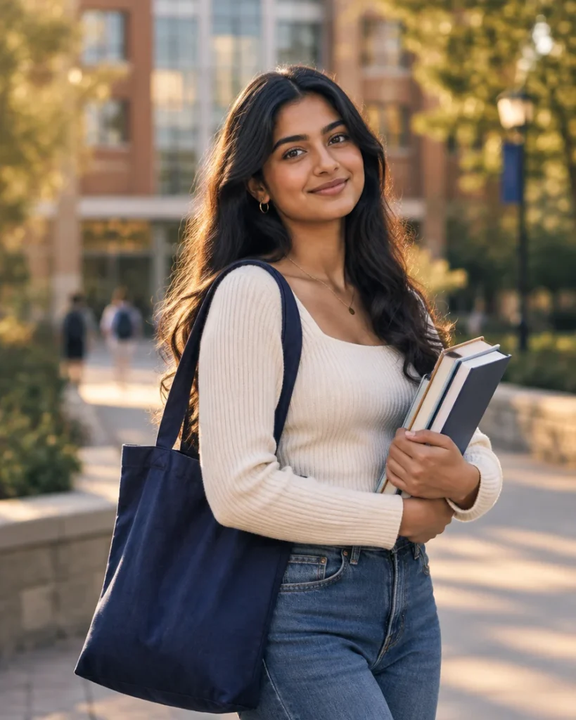 A smiling college student with books on a sunlit campus